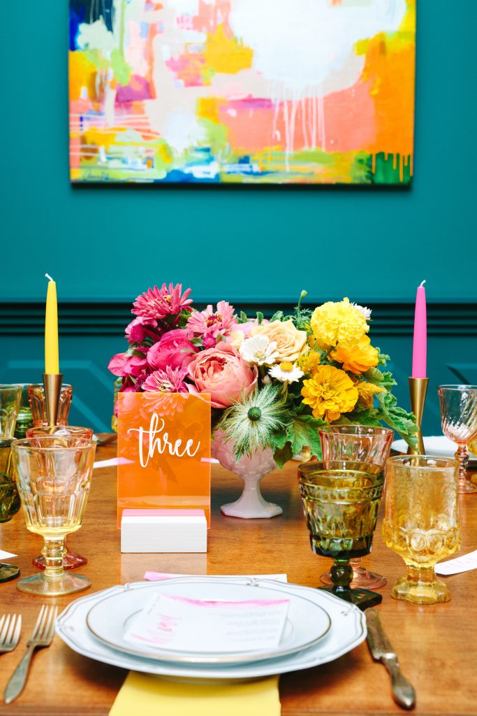 colorful wedding tablescape with vintage rentals from fern and bone and the fig house in highland park los angeles
