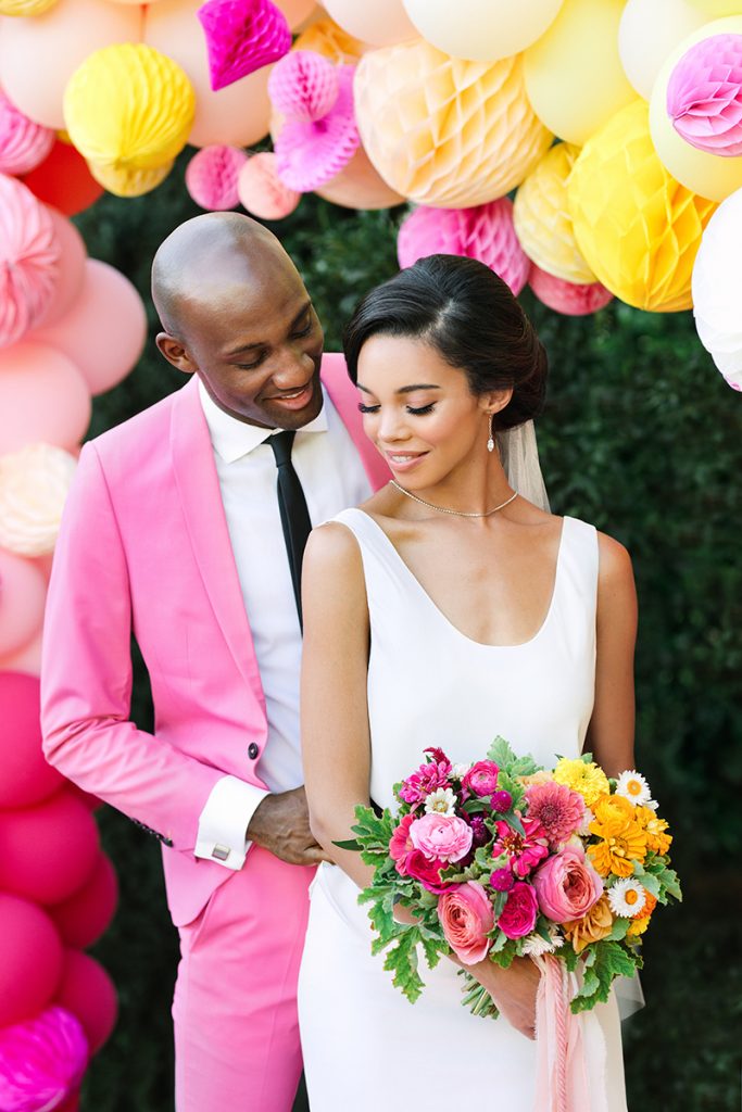 african american couple bride and groom pink yellow balloons bridal bouquet the fig house wedding