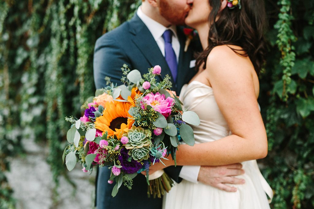 mary costa photography colorful wedding long beach bridal bouquet sunflowers 