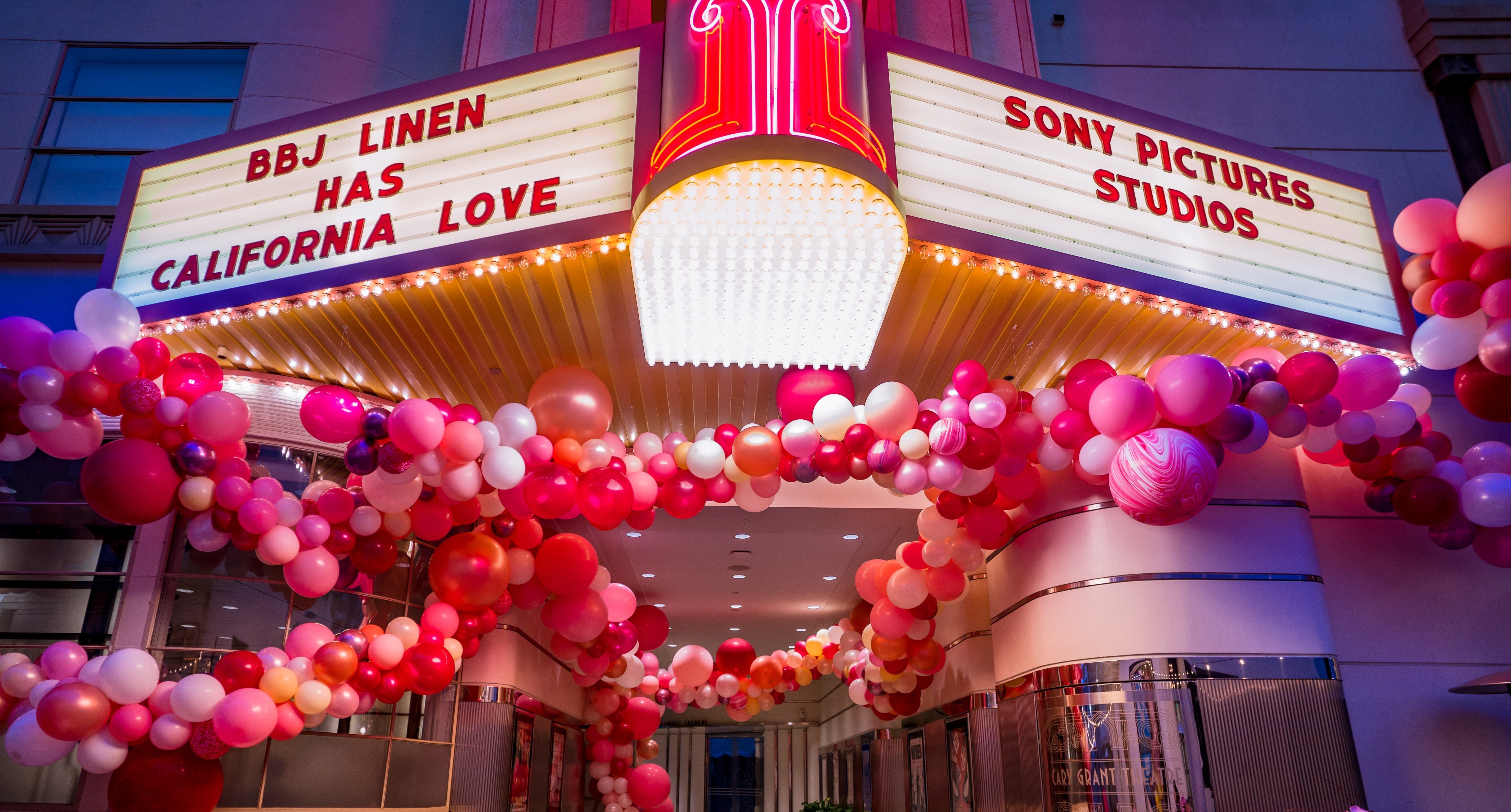 sony studios marquee with pink balloons