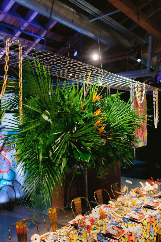 palm leaf hanging floral installation