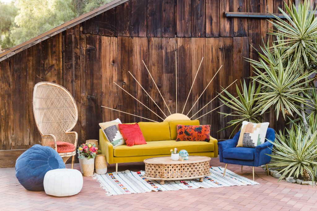 colorful lounge furniture and barn