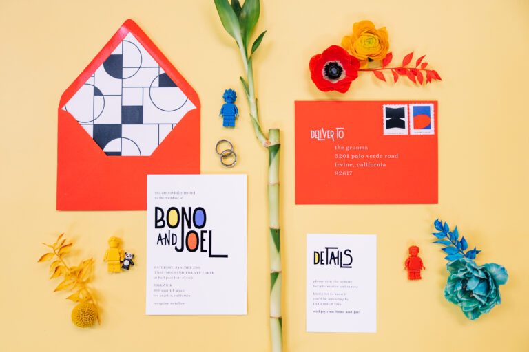 Color wedding invitation with legos and pandas